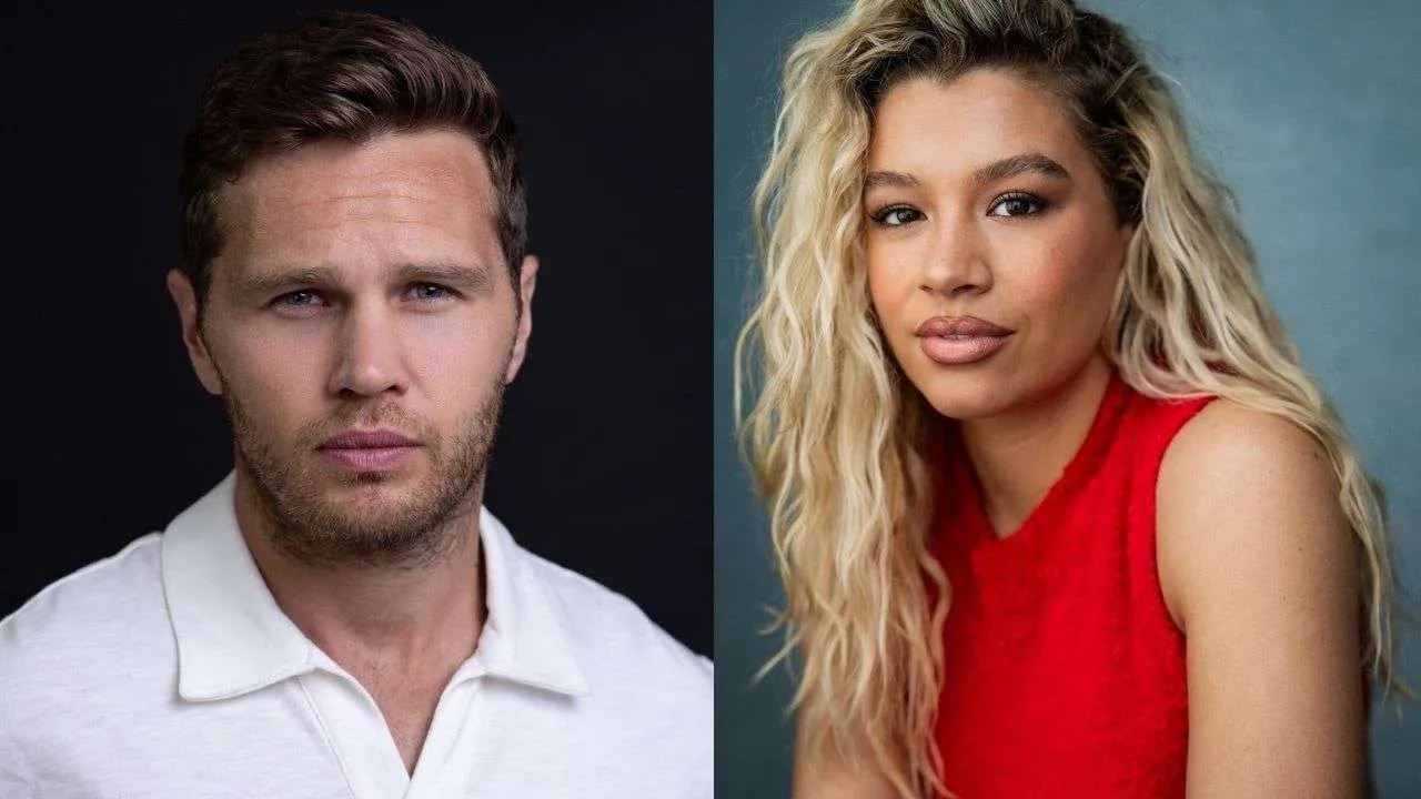 Side-by-side portrait: man with short brown hair and stubble on the left, wearing a white polo, and a woman with long blonde hair in a red sleeveless top on the right, both looking at the camera.