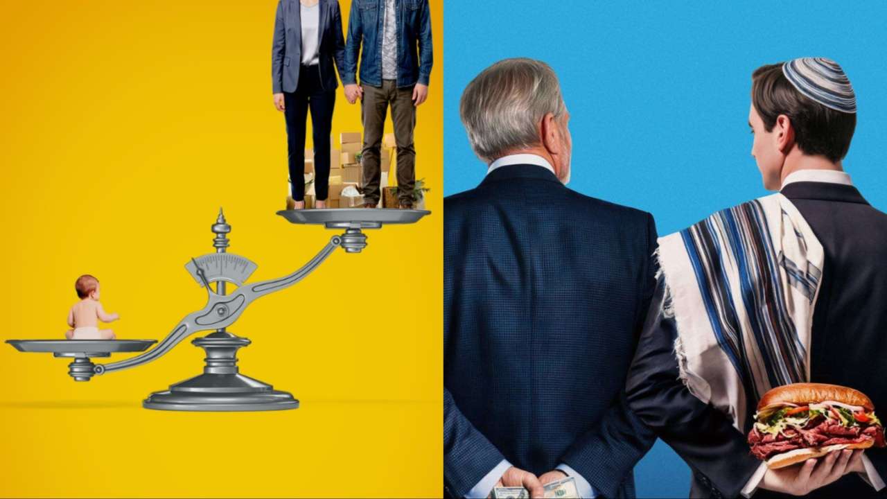 Split image: left shows a baby on a balance scale against a family; right shows two suited men, one with a prayer shawl, holding a sandwich.