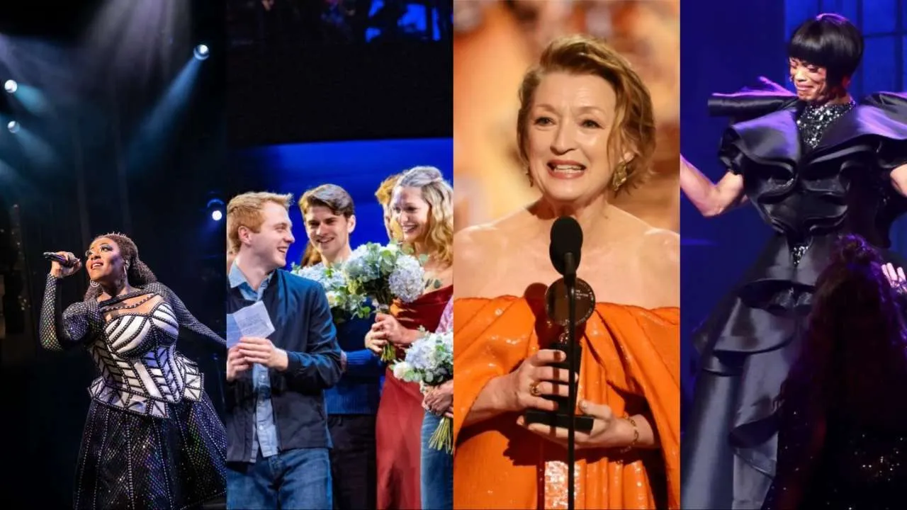 Collage of four stage performers: singer in a sequined gown, a group with flowers, a woman in an orange dress at a microphone, and a dancer in a black gown.