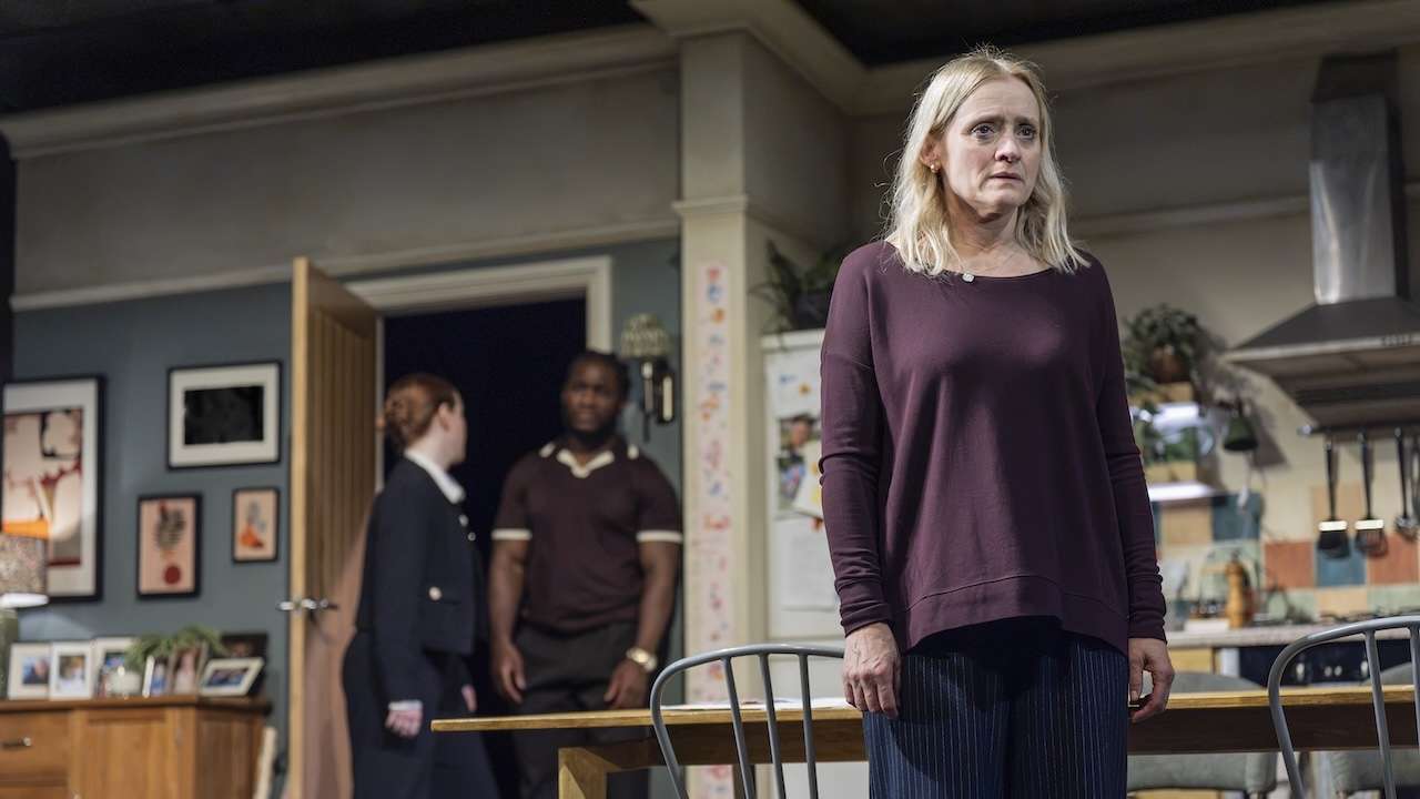 Hannah Onslow (Kate), Tobi King-Bakare (Nathan) and Anne-Marie Duff (Julie) in Some Woman at the National Theatre. Photo by Ellie Kurttz