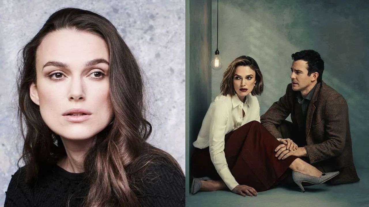 Left: close-up portrait of a woman with long brown hair; right: a man and woman seated on the floor in a studio with a hanging light.