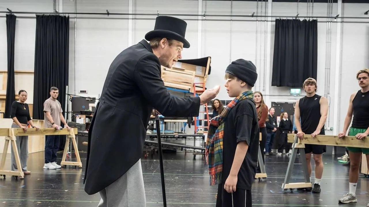 (L-R) Jonny Fines (Willy Wonka) and Lucas Kerr (Charlie Bucket) - CHARLIE AND THE CHOCOLATE FACTORY in rehearsals. Photo by Marc Brenner