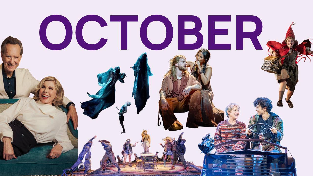 Collage graphic reading "October" in bold purple type, surrounded by cut-out production photos from West End shows — including a couple seated on a teal sofa, a dancer in flowing blue fabric, two performers embracing on a bare stage, a leaping figure in a red hooded cape carrying a basket, a group of dancers in motion on a lit stage, and two people laughing in a stylised car prop.