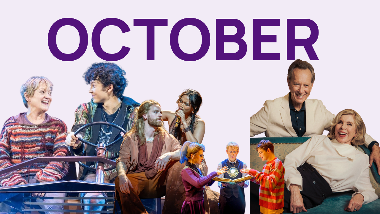 Collage graphic reading "OCTOBER" in bold purple type, above cut-out production photos from West End shows in a horizontal line: two people laughing in a stylized car prop, two performers seated close together on a bare stage, three young performers in school uniform gathered around a glowing book, and a couple seated together on a teal sofa.