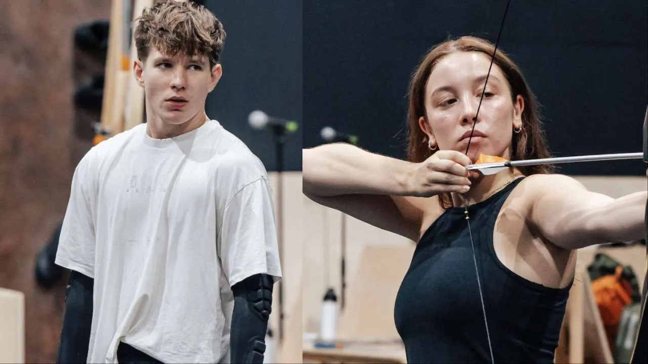 Behind the scenes rehearsal photos of Elizabeth Anderson, Daniel Brocklebank and Neil McDermott in The Hunger Games: On Stage Behind the scenes rehearsal photos of Elizabeth Anderson, Daniel Brocklebank and Neil McDermott in The Hunger Games: On Stage
