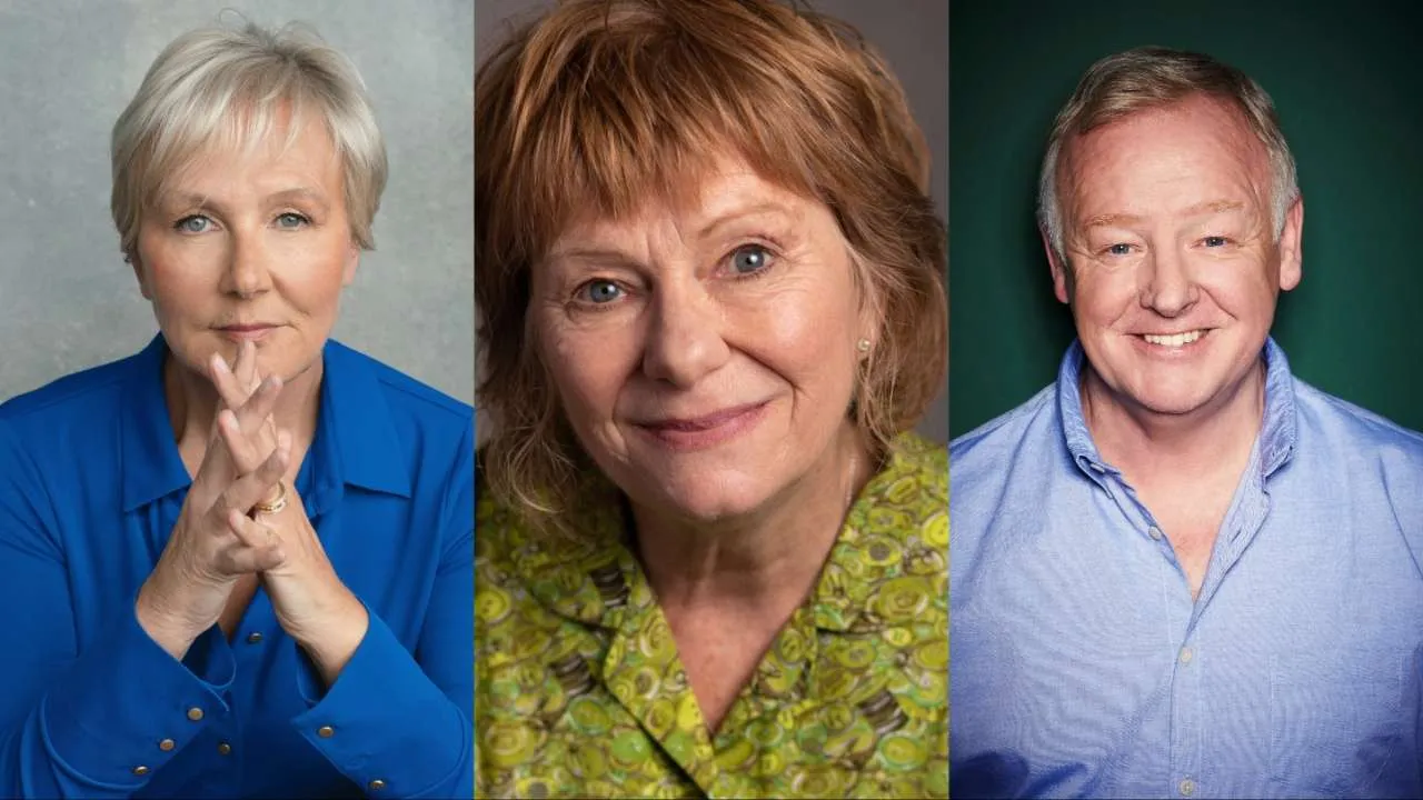 Headshot collage of three actors: a woman with short white hair in a blue blouse, a woman with red hair in a green patterned shirt, and a smiling man in a light blue shirt.